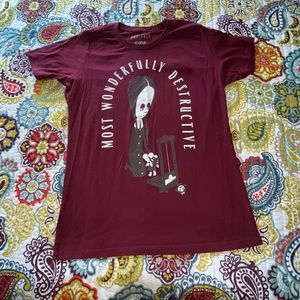 BoxLunch Wednesday Addams Cartoon T-Shirt, Burgundy, Size X-Large [D-17]